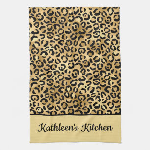 Monogramed Black en Gold Leopard Print Cheetah Theedoek