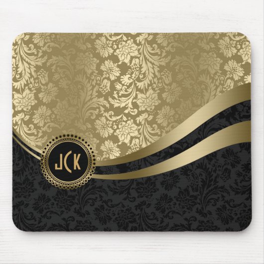 Monogramed Black & Gold Floral Dammaskers 2 Muismat (Voorkant)