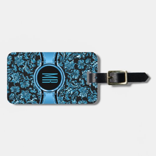Monogramed Black & Metallic Blue Floral Damaskers Bagagelabel (Voorkant horizontaal)