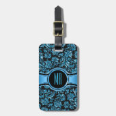 Monogramed Black & Metallic Blue Floral Damaskers Bagagelabel (Voorkant verticaal)