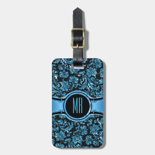 Monogramed Black & Metallic Blue Floral Damaskers Bagagelabel (Voorkant verticaal)