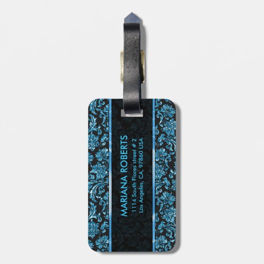 Monogramed Black & Metallic Blue Floral Damaskers Bagagelabel (Achterkant verticaal)