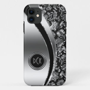 Monogramed Black & Metallic Silver Damasers iPhone 11 Hoesje