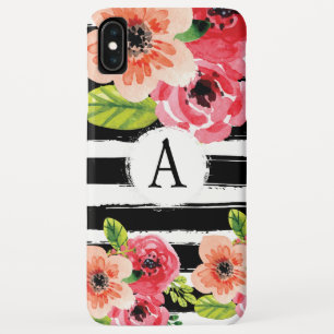 Monogramed Black White Stripes Waterverf Flowers iPhone XS Max Hoesje