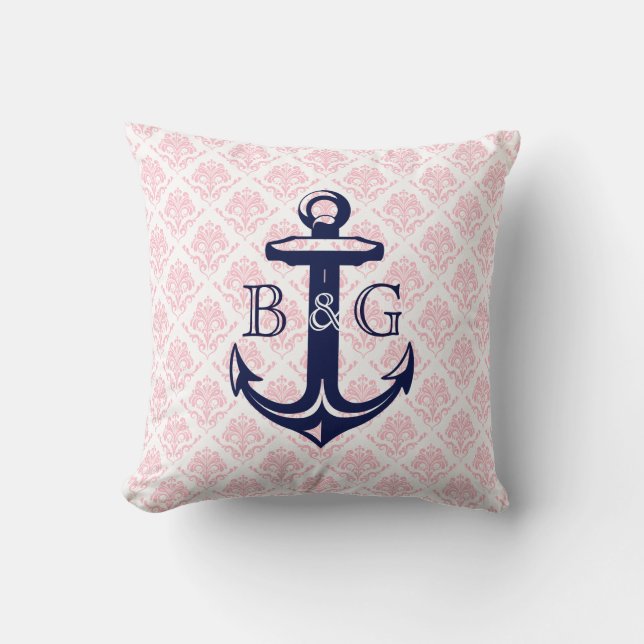 Monogramed Blauw Nautisch Anker & Roze Damasks Kussen (Voorkant)