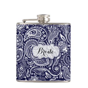 Monogramed Blauw & Wit Bloemen Paisley Heupfles