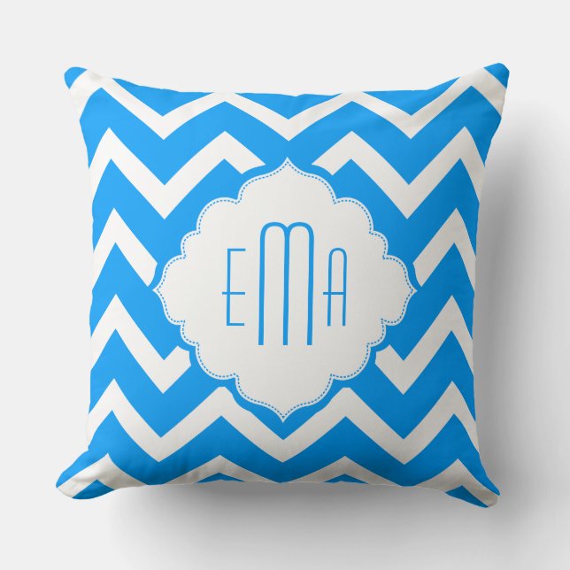 Monogramed Blauw & Wit Geometrisch Zigzag Chevron Kussen (Voorkant)