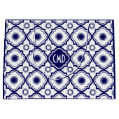 Monogramed Blauw & Wit Quatrefoil Patroon Large Cadeauzakje (Voorkant)