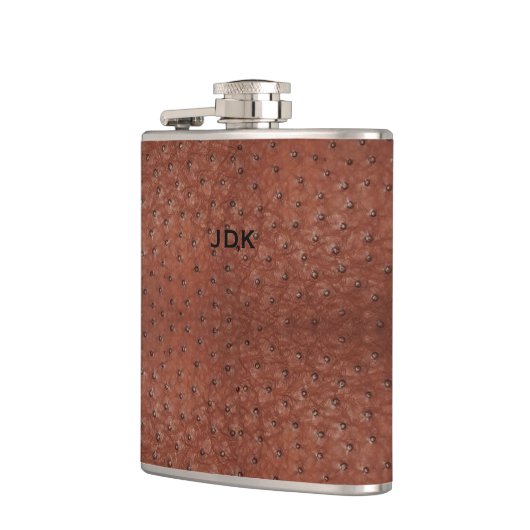 Monogramed bruin-struisgisch leder Kijk erlenmeyer Heupfles (Links)