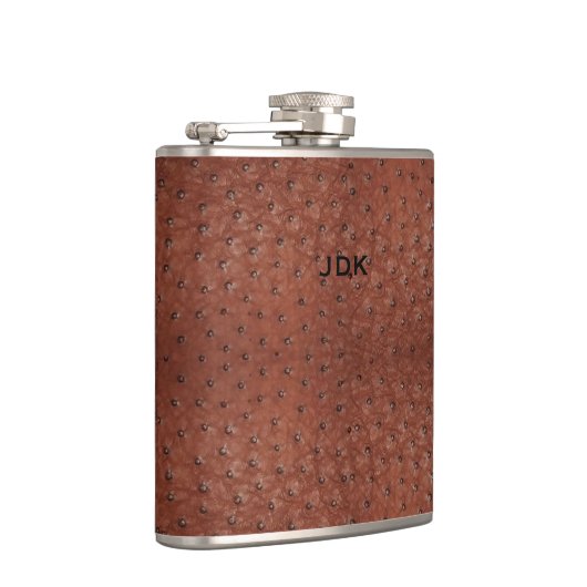 Monogramed bruin-struisgisch leder Kijk erlenmeyer Heupfles (Rechts)