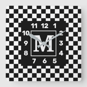 Monogramed BW Gecontroleerde Vierkante Wandklok Klok