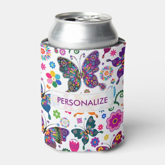 Monogramed Colorful Butterflies & Flowers Pattern Blikjeskoeler (Blikje Voorkant)