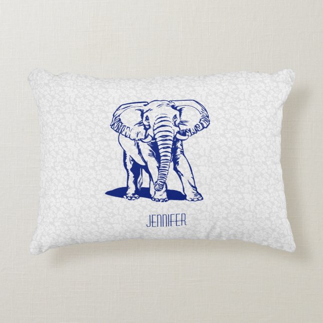 Monogramed Cute Navy Blue Elephant Line Drawing Accent Kussen (Voorkant)
