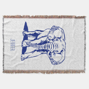 Monogramed Cute Navy Blue Elephant Line Drawing Deken