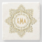 Monogramed diamanten en gouden bloemencirkel Lijst Stenen Onderzetter (Voorkant)