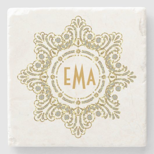 Monogramed diamanten en gouden bloemencirkel Lijst Stenen Onderzetter (Voorkant)