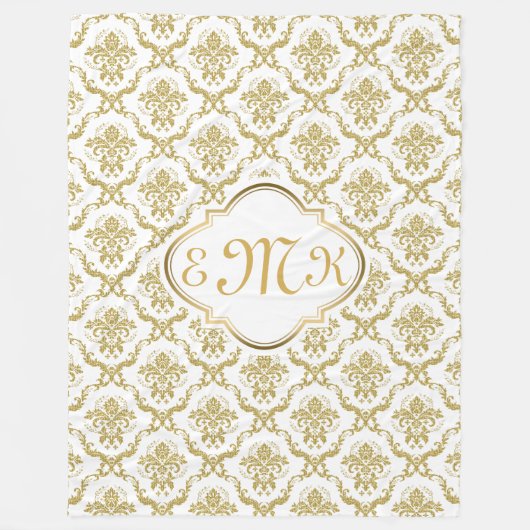 Monogramed Elegant Wit & Goud Bloemen Damasks Fleece Deken (Voorkant)