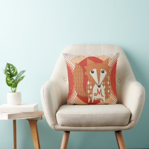Monogramed gestyliseerd Retro Oranje Red Fox Pillo Kussen