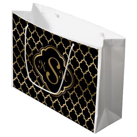 Monogramed Gold & Black Quatrefoil Pattern Large Cadeauzakje (Voorkant Gekanteld)