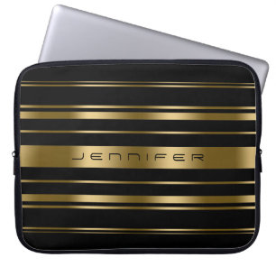 Monogramed Gold & Black Stripes Pattern Laptop Sleeve
