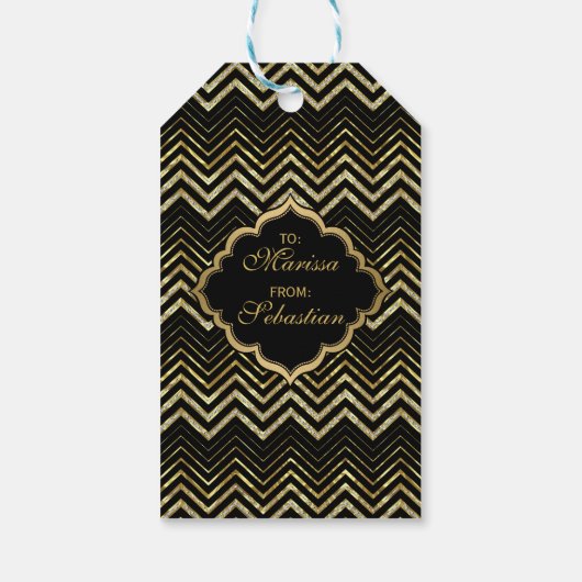 Monogramed Gold Glitter & Zigzag Chevron Pattern Cadeaulabel (Achterkant)