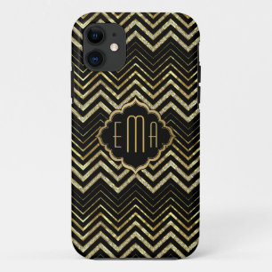 Monogramed Gold Glitter Zigzag Chevron Pattern iPhone 11 Hoesje