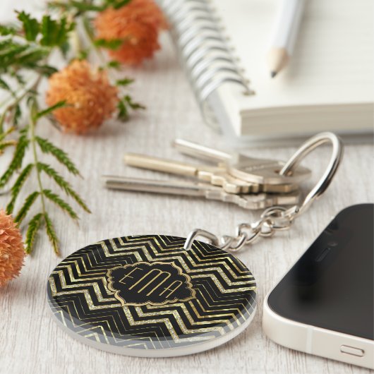 Monogramed Gold Glitter & Zigzag Chevron Pattern Sleutelhanger (Voorkant Rechts)