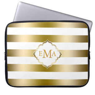 Monogramed Gold Tones & White Stripes Pattern Laptop Sleeve