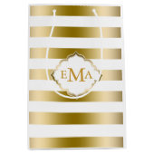 Monogramed Gold Tones & White Stripes Pattern Medium Cadeauzakje (Voorkant)