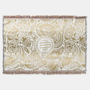 Monogramed Goud en Wit  Bloemen Paisley Deken
