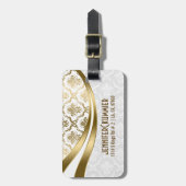 Monogramed goud en witte bloemdamast bagagelabel (Voorkant verticaal)