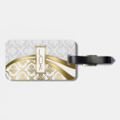 Monogramed goud en witte bloemdamast bagagelabel (Achterkant horizontaal)