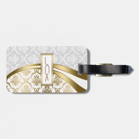 Monogramed goud en witte bloemdamast bagagelabel (Achterkant horizontaal)