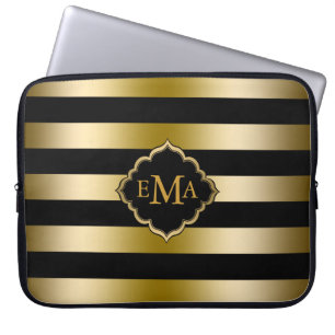 Monogramed gouden tinten & zwart strepen patroon laptop sleeve