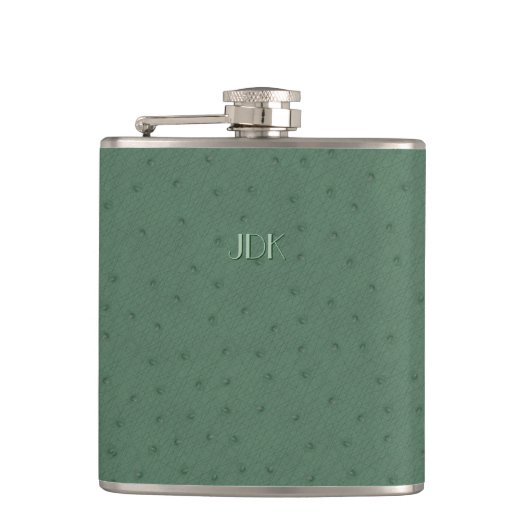 Monogramed Green Ostrich Leather Check Flask Heupfles (Voorkant)