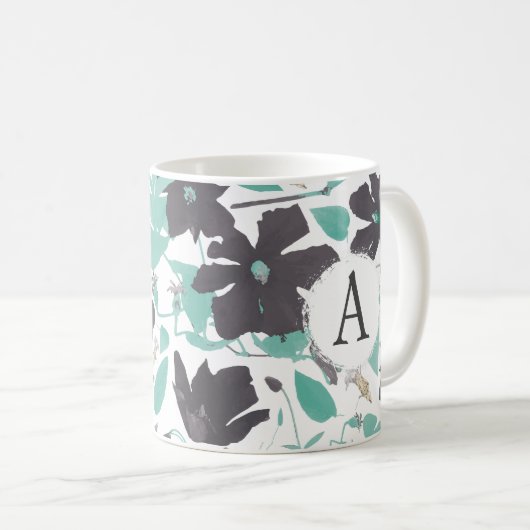 Monogramed Grey Blauwgroen Floral Stripe Pattern Koffiemok (Voorkant rechts)