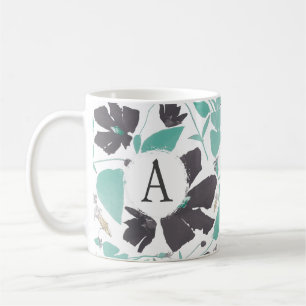 Monogramed Grey Blauwgroen Floral Stripe Pattern Koffiemok