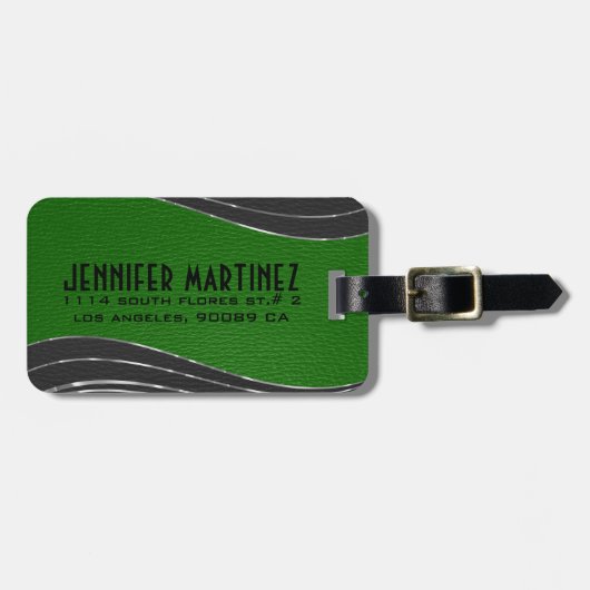 Monogramed grijs en groen leer 2 zilveren accenten bagagelabel (Voorkant horizontaal)