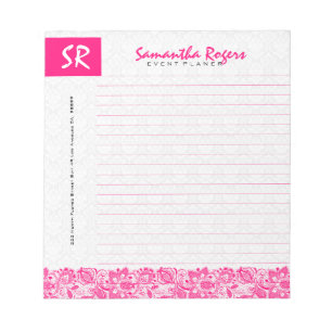 Monogramed Hot Pink Floral Lace & White Dammaskers Notitieblok