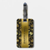 Monogramed Metallic Goud Bloemen Damasks Bagagelabel (Achterkant verticaal)