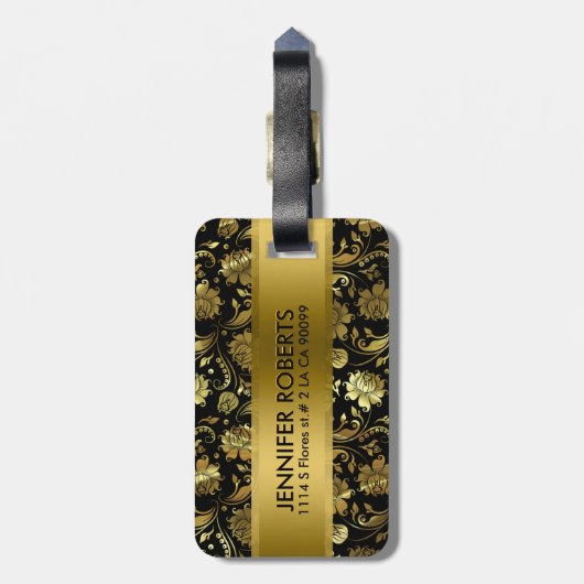 Monogramed Metallic Goud Bloemen Damasks Bagagelabel (Achterkant verticaal)