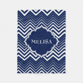 Monogramed Navy Blauw en Wit zigzag Chevron Fleece Deken (Voorkant)