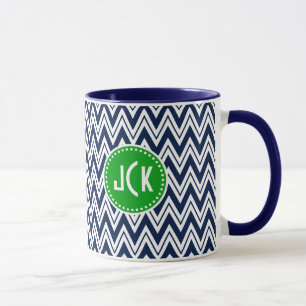 Monogramed Navy Blue & White Zigzag Chevron Mok
