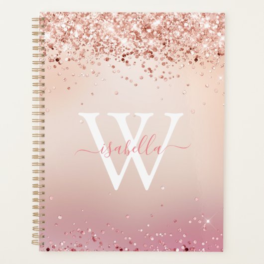 Monogramed Roos Gold Glitter Elegant Script Name Planner (Voorkant)
