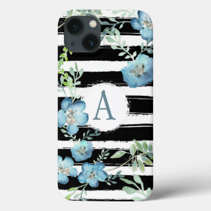 Monogramed Stripes Blue Floral iPhone 13 Hoesje