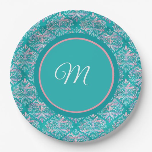 Monogramed Teal Pattern Napkins Papieren Bordje (Voorkant)