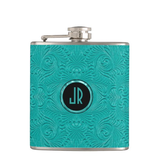 Monogramed Turquoise Embossed Floral Dammaskers Heupfles (Voorkant)