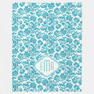 Monogramed Turquoise & Witte Bloemen Damasks Fleece Deken