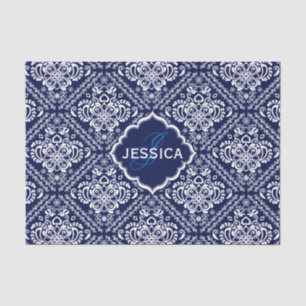 Monogramed White Floral Damkers & Blue Background Tissuepapier