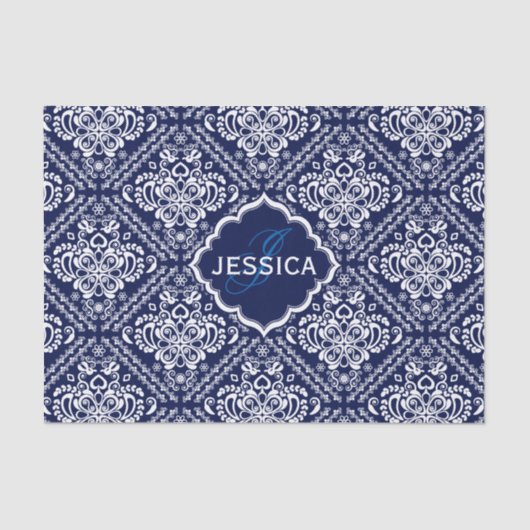 Monogramed White Floral Damkers & Blue Background Tissuepapier (Voorkant)